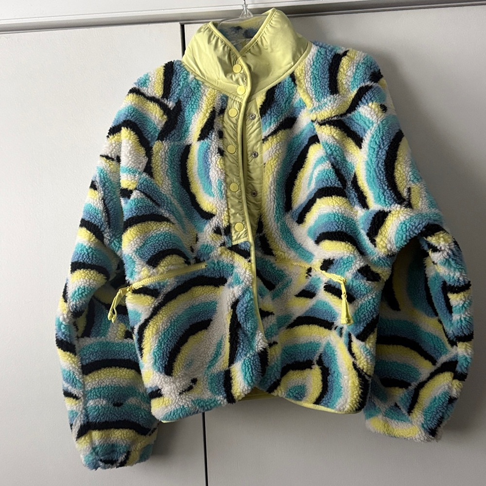 Free People Movement Rocky Ridge Printed Bomber Fleece Jacket Blue Rainbow - Picture 2 of 4